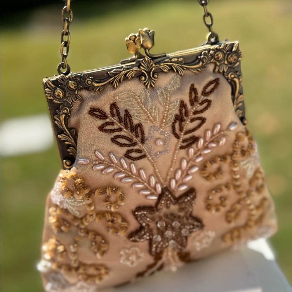 Small Vintage Beaded Embroidered Satin Evening Bag